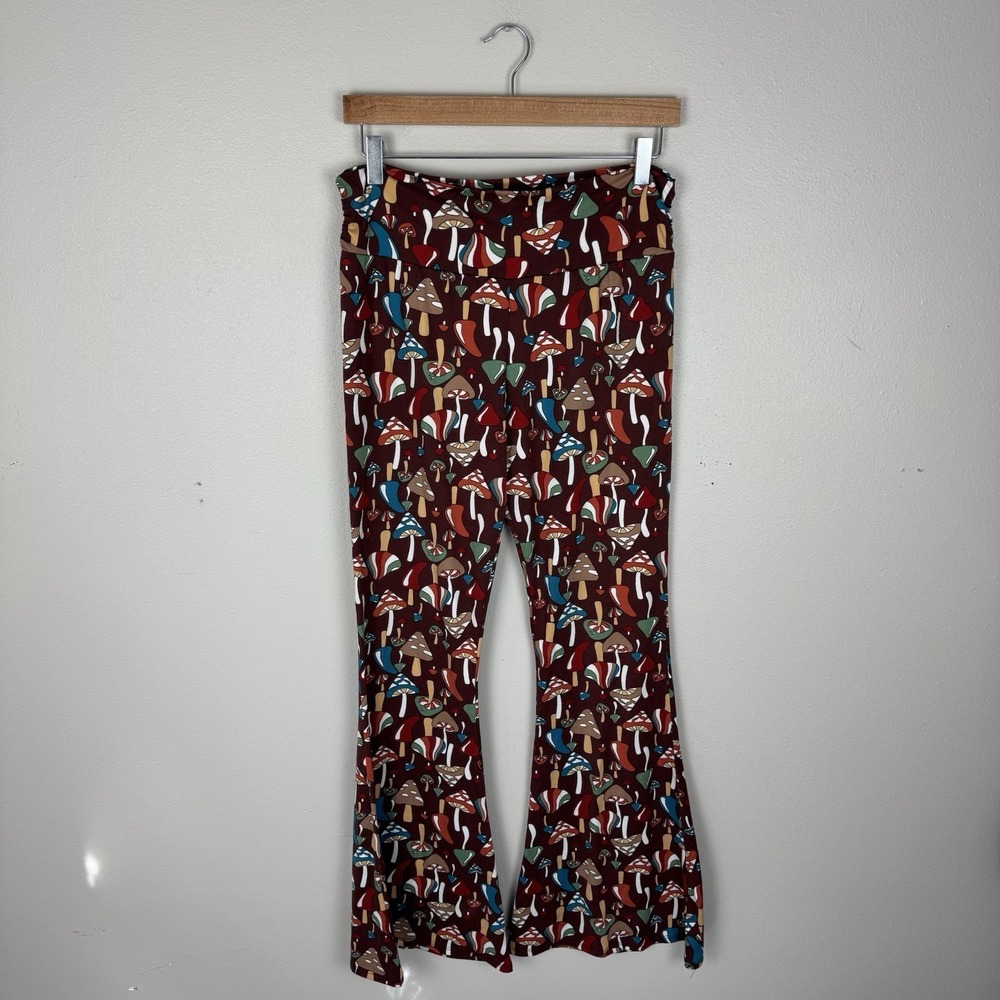Earthbound Woodland Mushroom Flare Pants L Wide Leg Pull On High Funky Hippie
